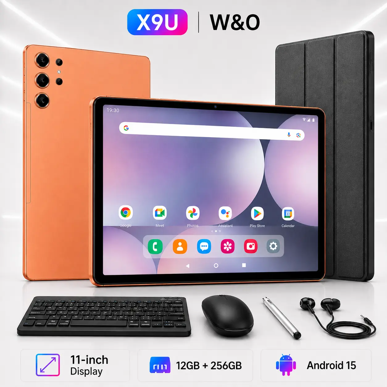 W&O X9U Android 15 Tablet Bundle, 11" FHD Display, 12GB RAM + 256GB Storage, 10000mAh Long Battery, 5G WiFi, GPS, Keyboard, Wireless Mouse, Stylus & Case, Ideal for Students and Office Work