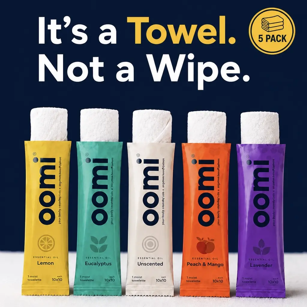 Shower in a Pouch – Pack of 5 Pre-Moistened Full-Body Cleansing Towels | Soft Terry Cloth Face & Body Towels for Men, Women & Babies | Bath Towels for Gym, Travel, Camping, Office, Outdoor Activities & Daily Hygiene | Oomi