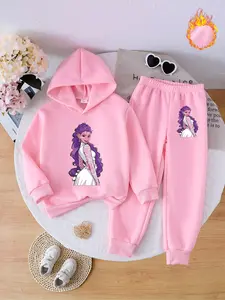 Girls' Fleece Hoodie Set, Trendy Cartoon Print, Long Hair Character, Comfortable Matching Sweatpants, Ideal Gift for Kids, Sweatshirts