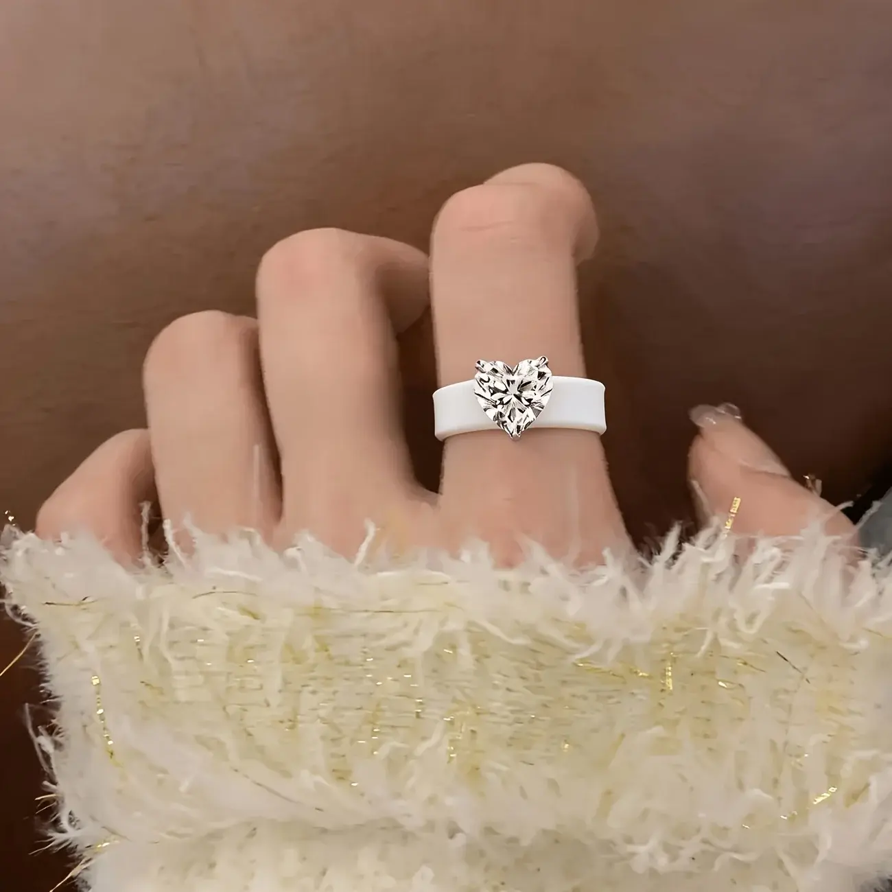 White Silicone Ring for Women 3-Prong Setting Heart CZ Hypoallergenic Soft Sports Wedding Promise Statement Ring