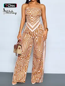 Aliling Two-Piece Summer Sexy Casual Women's Striped Long Pants Set, Scarf Neck Strapless Off-Shoulder Asymmetrical Top and High-Waisted Wide Leg Pants