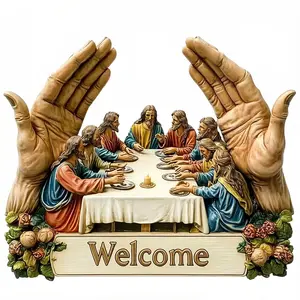 Jesus and Disciples Wall Art with Key Hooks, Wood Rustic Farmhouse Religious Key Holder with 4 Hooks, Ideal Housewarming Gift for Entryway Hallway Living Room, Religious Gifts for Family, Friends