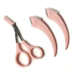 2 Pack Curved Eyebrow Razors + 1 Scissors + Eyebrow Trimmer, Pink Bathroom Grooming Accessory, Imported Stainless Steel Blades, Safe and Sharp for Eyebrow Shaving, Beginner Eyebrow Kit, Defined Arch, Clean Finish gel laminating