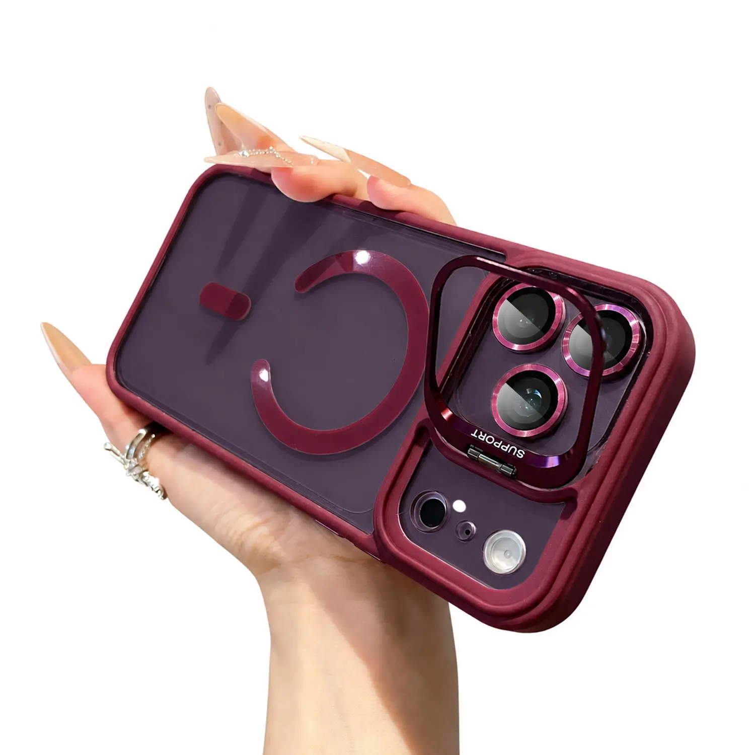 Magnetic Phone Case For iPhone 18 Pro Max 17 16 15 14 13 12,Built-in Lens Kickstand,Camera Lens Protection,Compatible with MagSafe,Military Grade Drop Shockproof Protective Transparent Cover,Burgundy