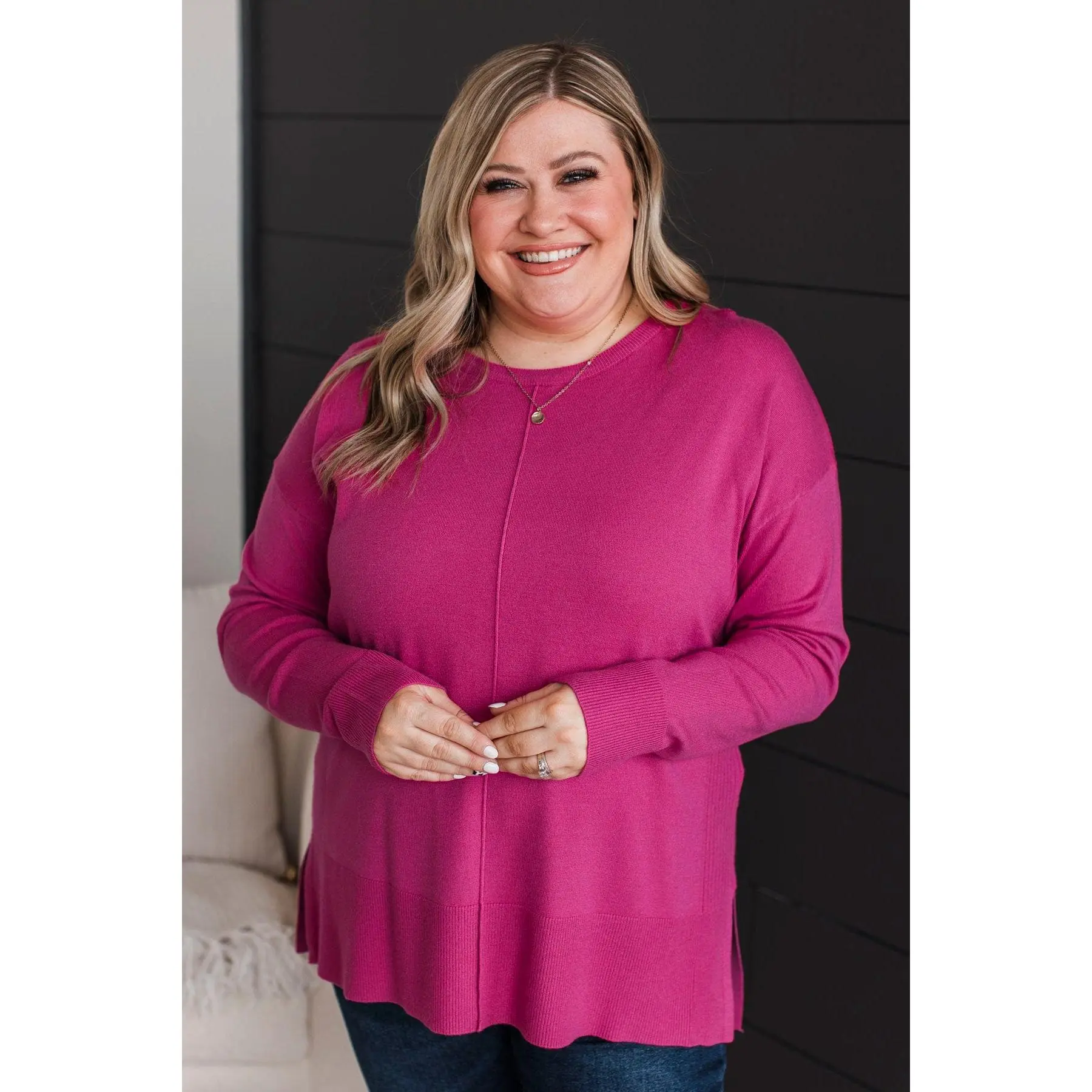 Women's Fuchsia Knit Sweater - Casual Lightweight Viscose Blend Fabric Top with Side Slits for Everyday Wear, Knitwear, Fit, Tops