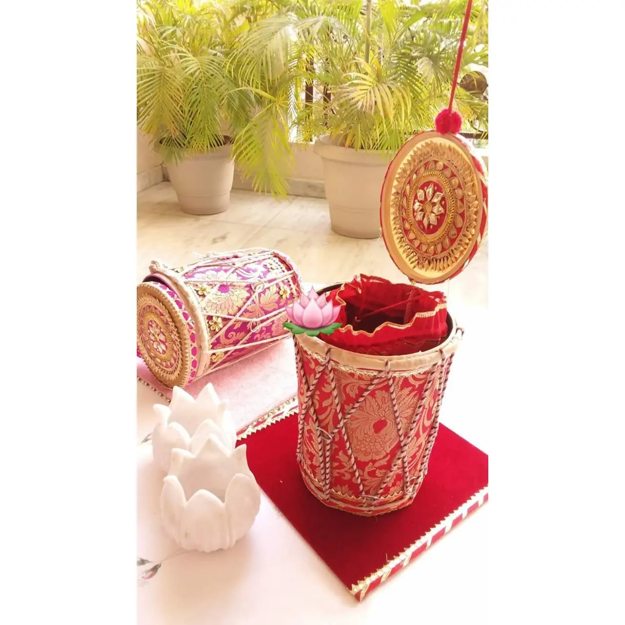 Brocade Dholak Giveaway Box with 1kg Capacity for Wedding, Mehendi, Sangeet, Pooja or Diwali Decor.