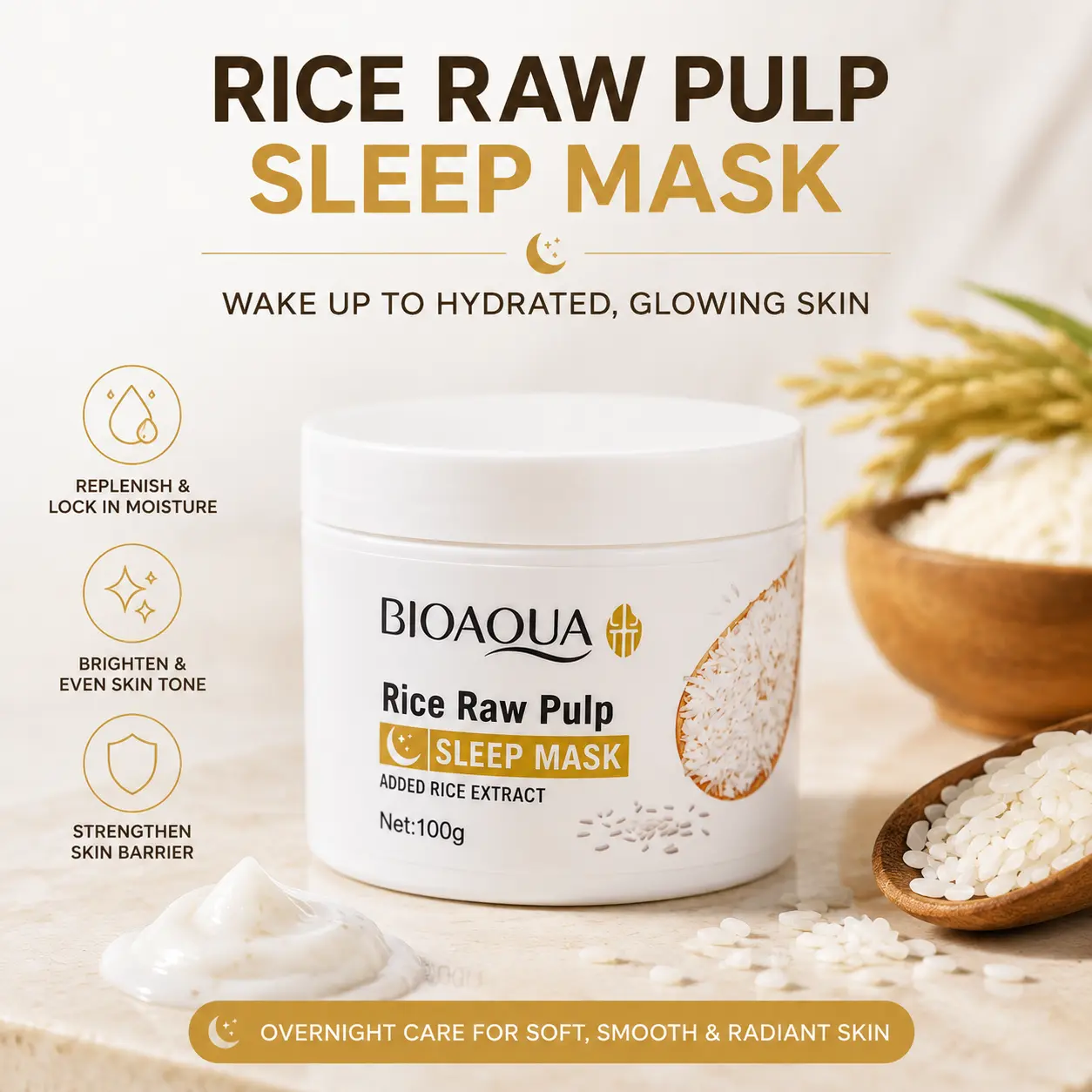 Rice Raw Pulp Sleep Mask Cream - 100g Unisex Night Moisturizer Skincare, Hydrating Face Mask for Pore-Shrinking, Brightening, Glowing Skin & Eyebag Reduction, Night Routine, Face Masks