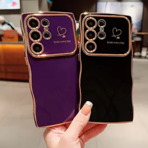 Cute Wave Edge Design Aesthetic Phone Case, Heart Pattern Phone Protective Cover, Phone Accessories Compatible with Samsung Galaxy S24 Ultra, Casing, Protection, Protector, Cellphone