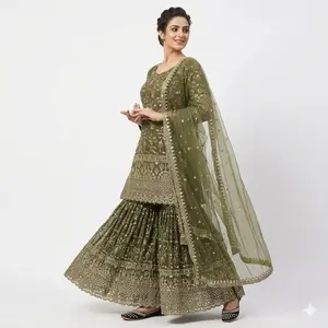 Indian Fancy Gharara Party Wear or Bridal Wear Dress in Olive Green with Embroidered Details and Net Dupatta
