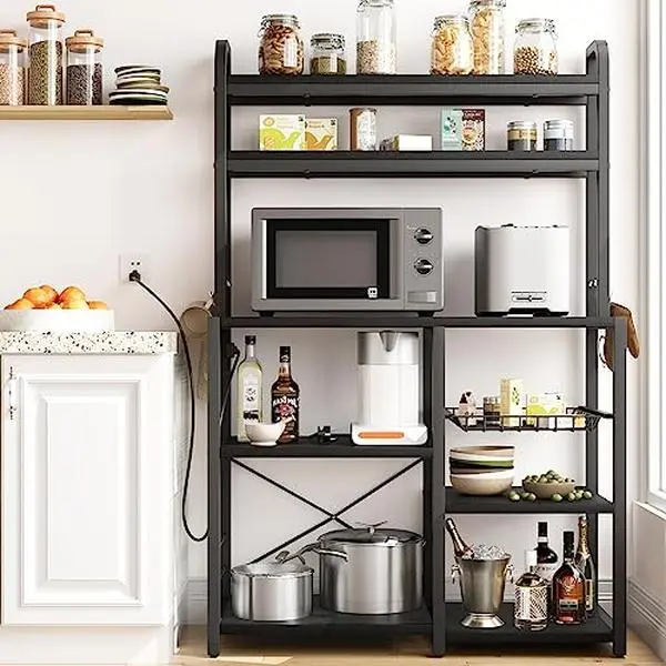 GAOMON 6-Tier Baker’s Rack - Indoor Multi-Purpose Commercial Furniture with Integrated Power Outlets, Storage Cabinet, Wire Basket, Waterproof Wipe-Clean Design, Assembly Required for Kitchen Pantry, Home Library Organization