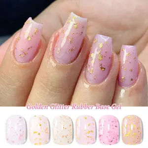 FOURLILY 1Pc Rubber Base Gel with Golden Glitter - 6 Shades, UV/LED Soak Off, Nail Strengthener for Spring & Romantic Nail Art, Golden Flake Rubber Base Gel for Nail Repair & Extension, Salon Quality 2-in-1 Base Coat for Daily DIY Manicures, Gel Nails