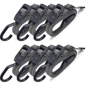 Flat Bungee Cords with Hooks, Heavy Duty Adjustable Black Bungee Straps with Metal Buckle Hooks, Rubber Bungee Cords for Outdoor, Camping, Tarps, Tent, Bike Rack, Truck