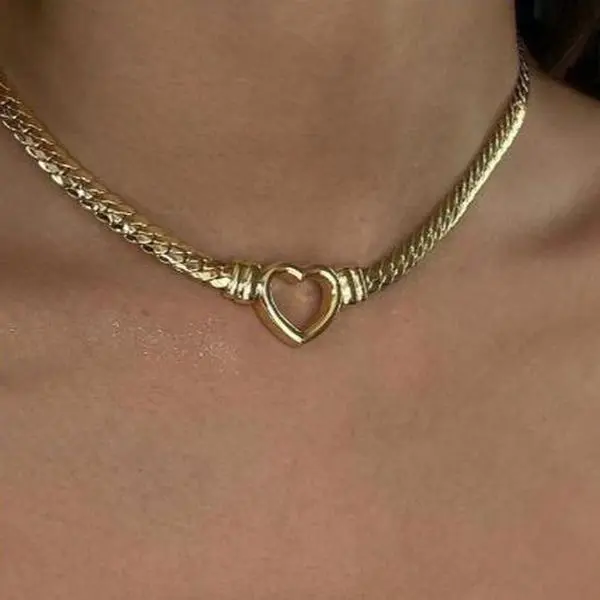Unisex Woven Stainless Steel B Cuban Chain & Link Heart Necklace - Adjustable Gold-Plated Miami Style Jewelry, Best Friend Gifts, Daily Wear Gold Heart Necklace, Birthday, Casual, Gold Tone