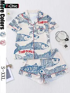 Women's Sleepwear Set, Short Sleeve Button-Up Soft Top & Elastic Shorts, Casual Home Wear, Fashionable Daily Clothing, Loungewear, Pajama Print, Womenswear