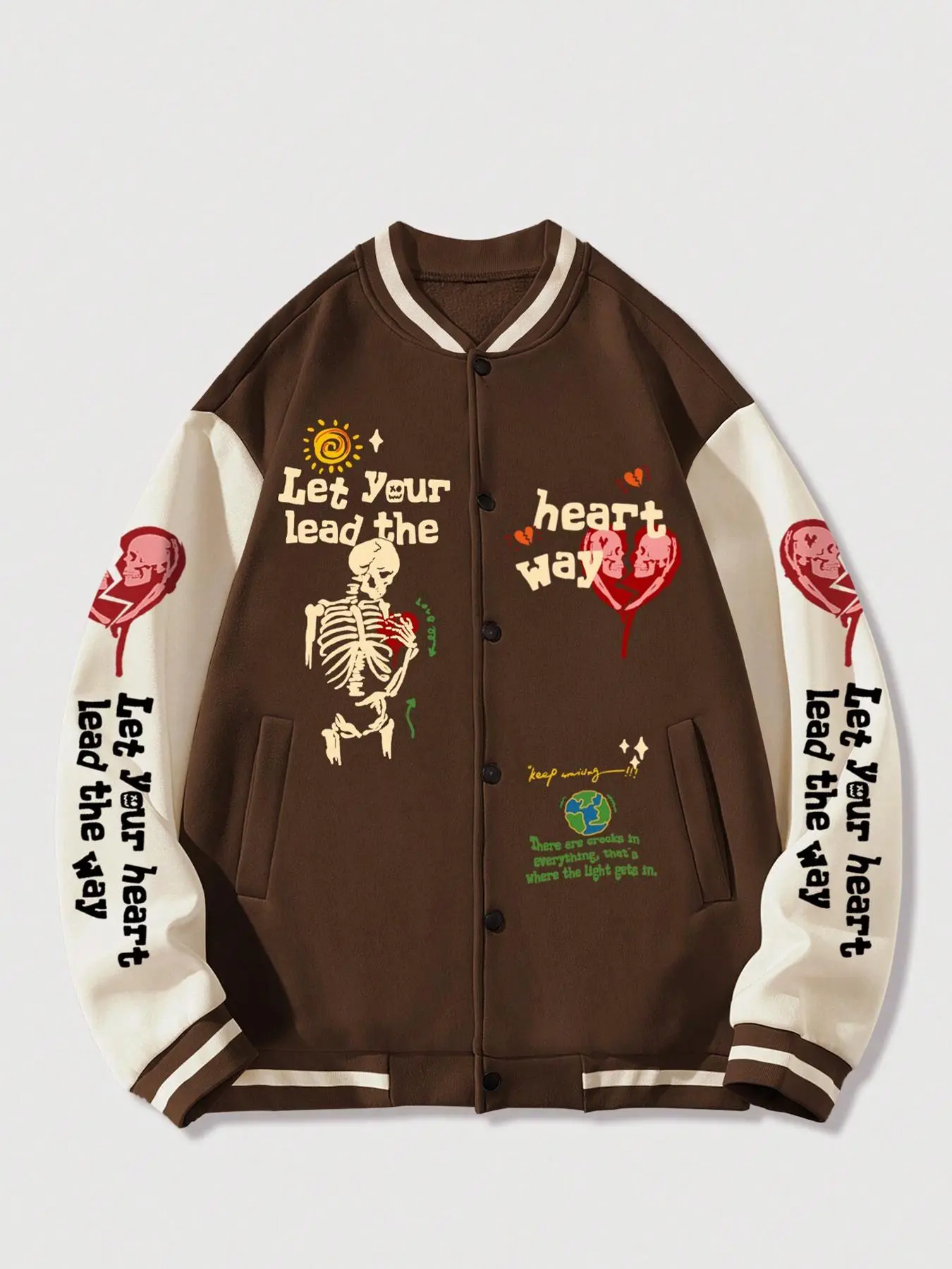 Men's Colorblock Letter & Skeleton Print Baseball Collar Long Sleeve Sweatshirt Jacket, Loose Casual Fashion Comfy Streetwear Outerwear for Daily Outdoor Wear, Men Cloths for Fall & Winter, Daily Wear Jackets