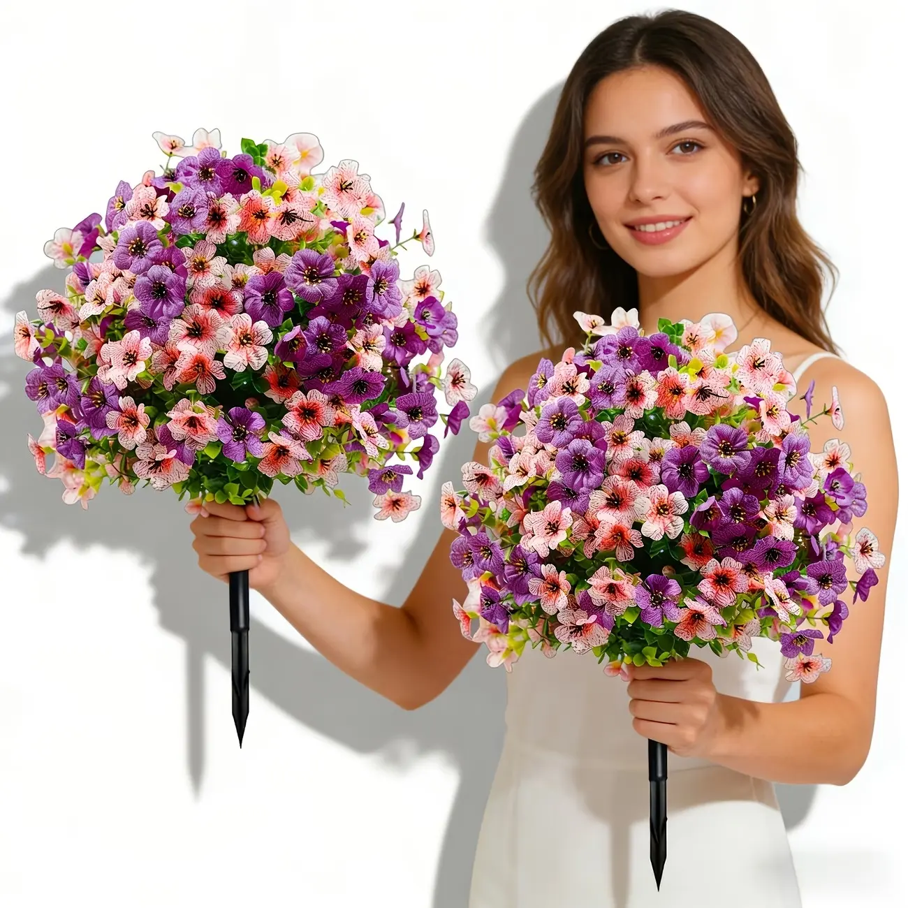1 pair Artificial Flowers for Outdoor Indoor Garden Home Decoration, Violet Plastic Faux Flowers, Faux Flower Daisy with Eucalyptus Leaves Fake Plants Greenery Boxwood Porch Patio