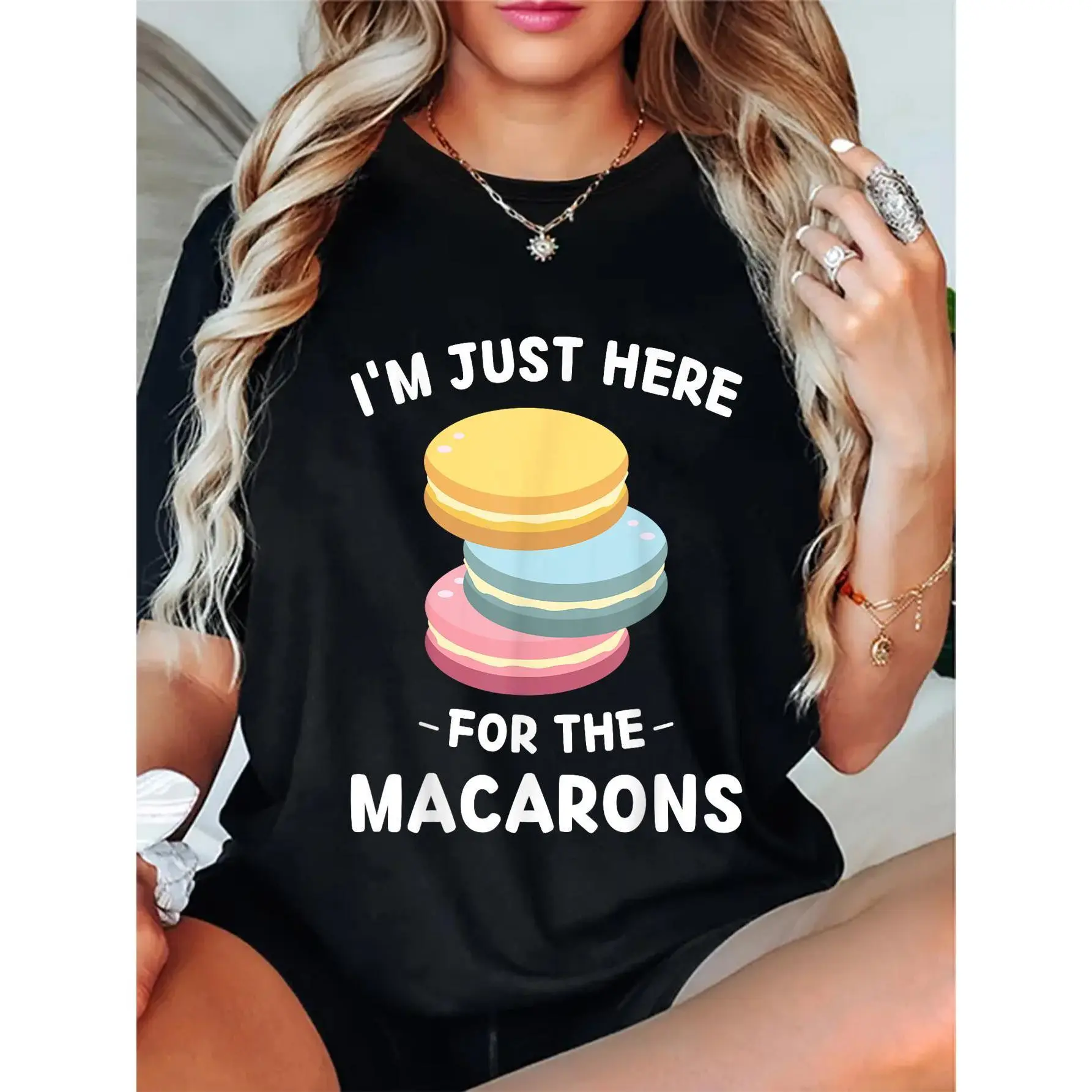 Kawaii Cute Macarons I'm Just Here For The Macarons T-Shirt Casual Short Sleeve Shirt Top Womenswear Summer Streetwear Crewneck Shortsleeve shirts women vintage graphic tees