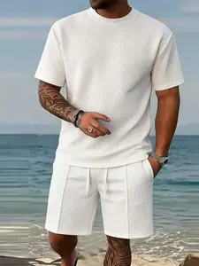Men's Two-Piece Set Regular Fit Solid Textured Short Sleeve & Shorts, Casual Summer, Beach Vacation Clothing, Men's Fashion