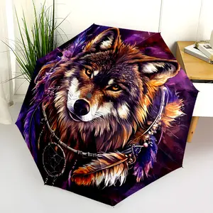 1 PC Automatic Folding Umbrella - Wolf Dreamcatcher Purple Artwork Pattern, Portable & Foldable Design with 8 Ribs, Merry Christmas Pattern,Casual Outdoor Accessory Halloween and Christmas Birthday Gifts. D00154