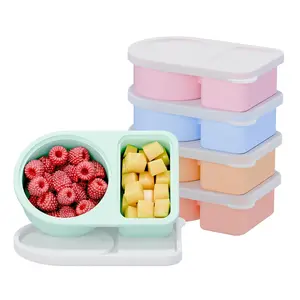 5 Packs Silicone Snack Containers, 2 Compartments Reusable Snackle Box with, 8 oz, Rainbow Food Storage, Stackable Lunch Container