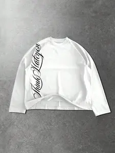 Premium Clean Fit Oversized Long Sleeve T-Shirt for Men/Women - Aesthetic Side Script Calligraphy Graphic Print Tee - Minimalist High Streetwear Fashion Pullover for Daily Casual & Skater Style