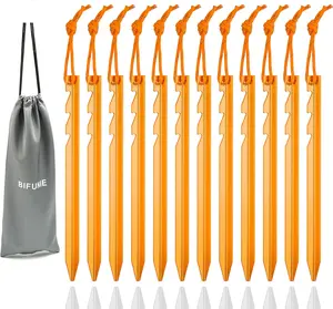 Aluminum Alloy Tent Stakes Pegs, 12-Pack Aluminum Ground Pegs with Reflective Pull Ropes, Lightweight Metal Stakes Pegs for Camping Tents Hammocks BIFUNIE