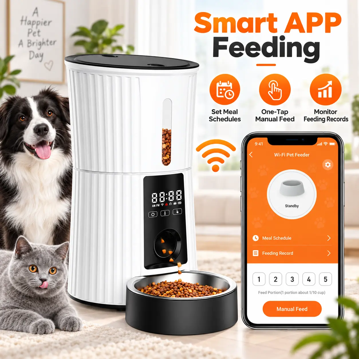 Smart Automatic Pet Feeder for Cats & Dogs, 4L WiFi App Control, Scheduled Feeding, Adjustable Portions, Anti-Jam Food Dispenser