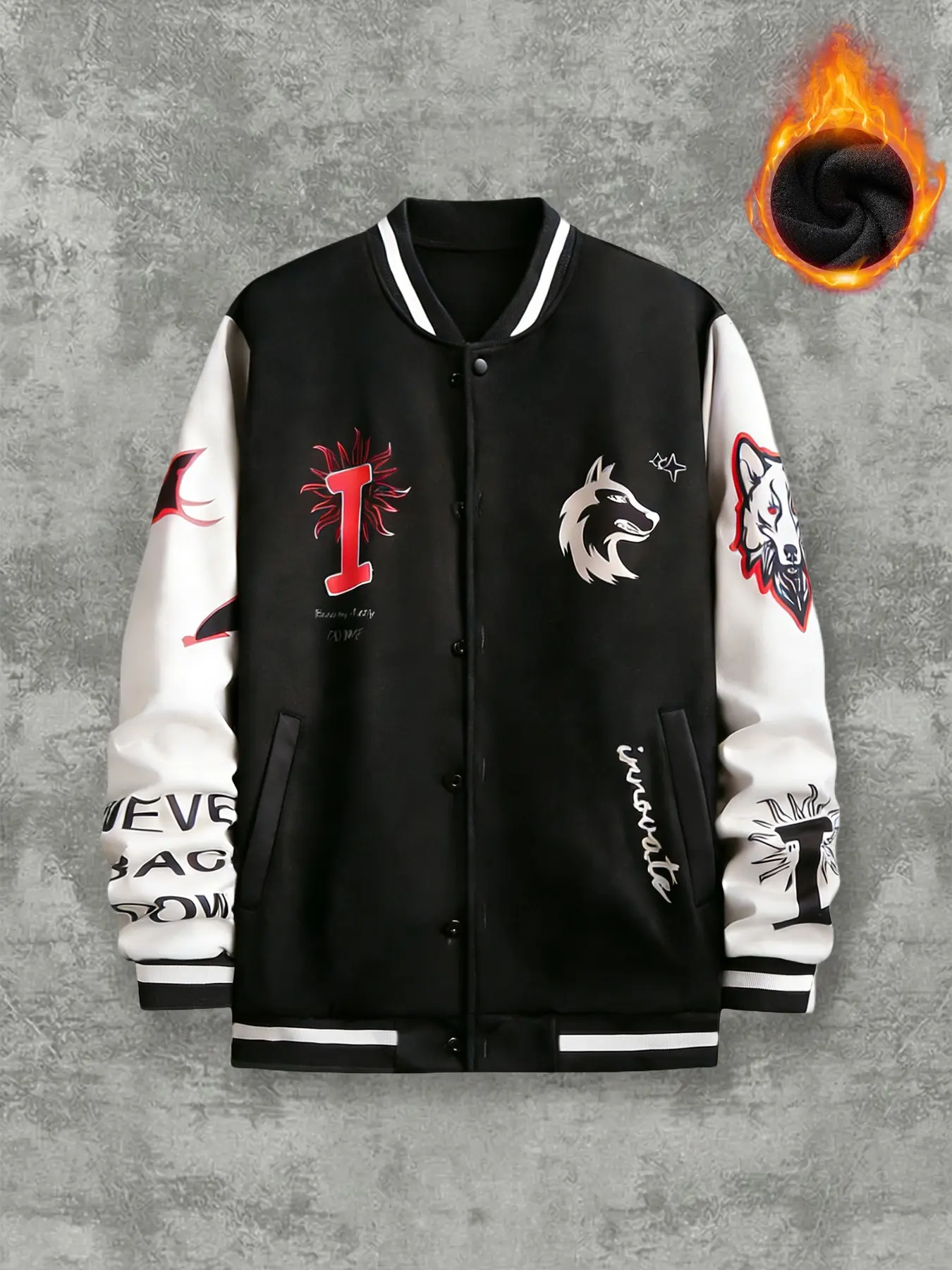 Unisex Wolf Graphic Varsity Jacket, Loose Thick Warm American Style Button Baseball Coat for Winter Layering, Features 'i' Logo, Bold Graphics, Prints and Handwritten Design