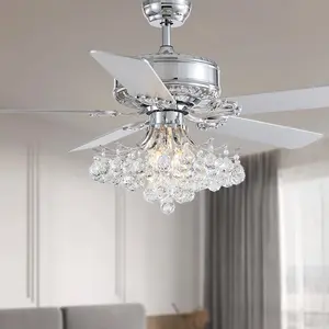 52" Elegant Ceiling Fan Light with Remote, Raindrops Crystal Chandelier Fan 5 Chrome Reversible Wood Blades for Dinning Room Bedroom Living Room