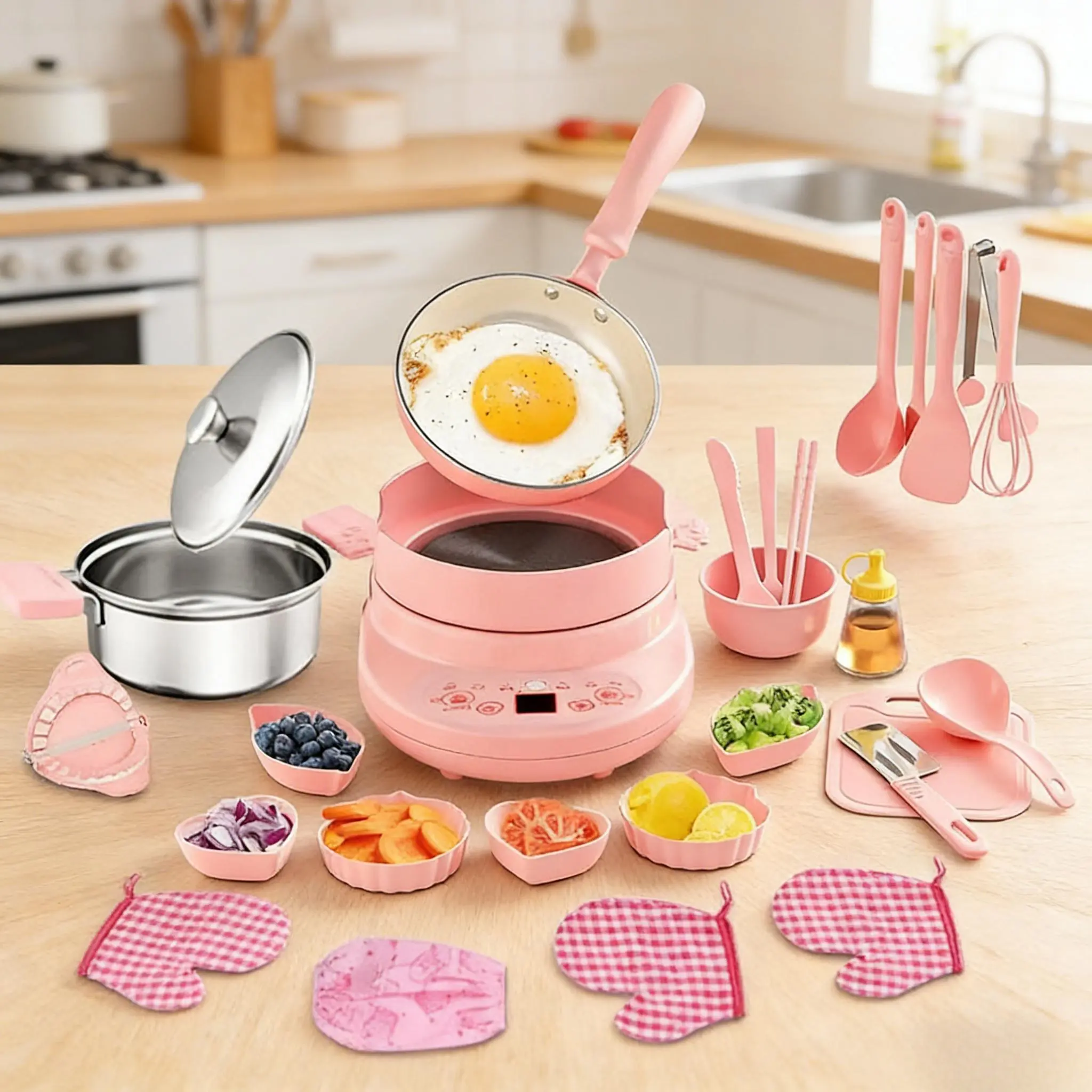Kids' Real Mini Kitchen Cooking Set for 8-12 Years, 24-Piece Montessori Chef Kit with Stainless Steel Cooking Tools, Safe Knives, Complete Tableware, 110V Flameless Induction Cooker, Pretend Play Toy Gift for Little Chefs, 10 - 12 Years