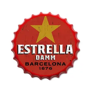 Vintage Beer Bottle Cap Metal Wall Art, 13.7 Inch Round Tin Sign with Frame, Ideal for Bar, Pub, or Café Decoration