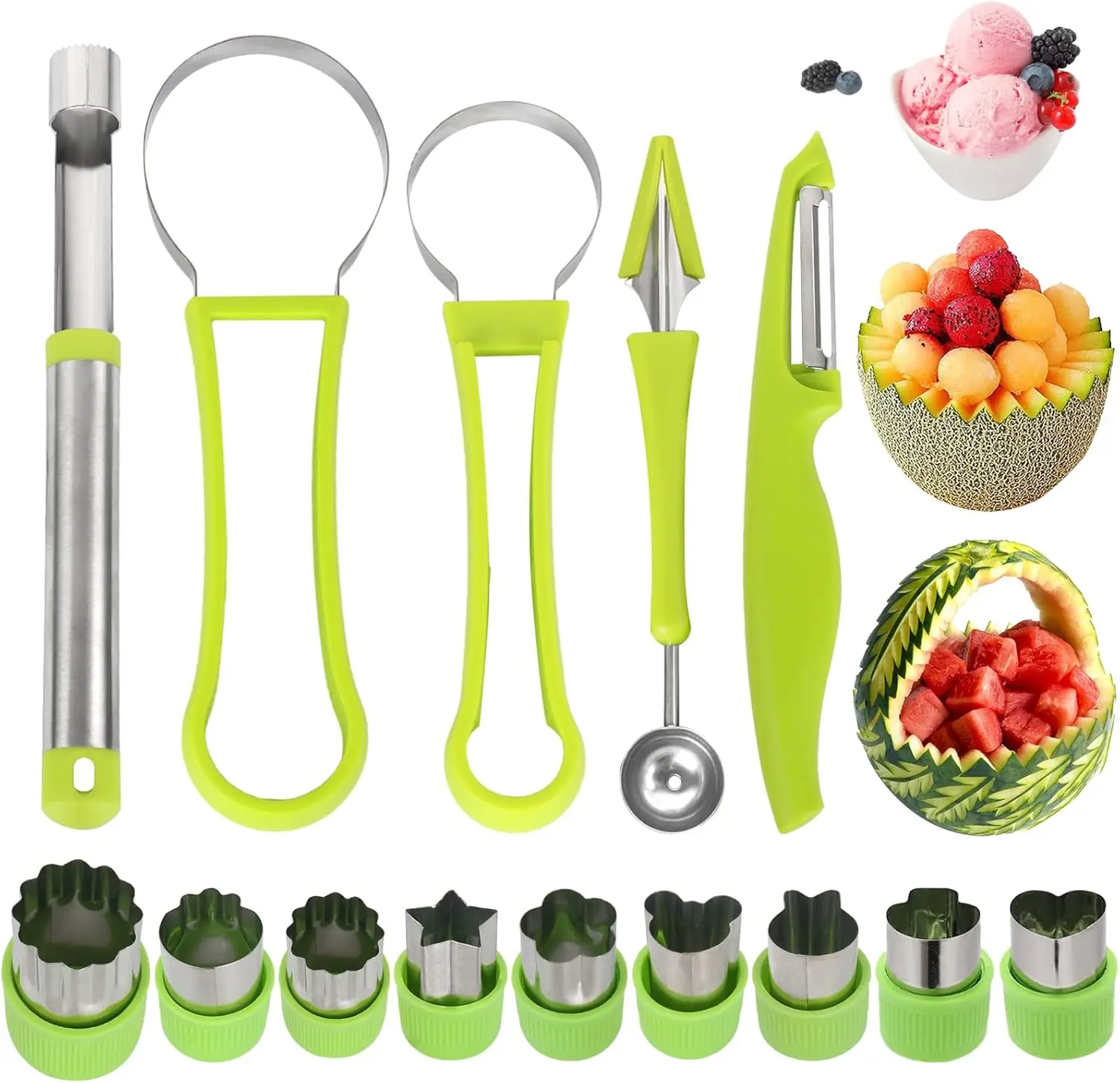 14 Pack Melon Baller Scoop Set,Including 4 in 1 Stainless Steel Fruit Tool,Fruit Scooper Seed Remover with Fruit Vegetable Cutter Shapes Set,Fruit Peeler for Fruit Slicer Dig Pulp Separator,Hand Tools Kits