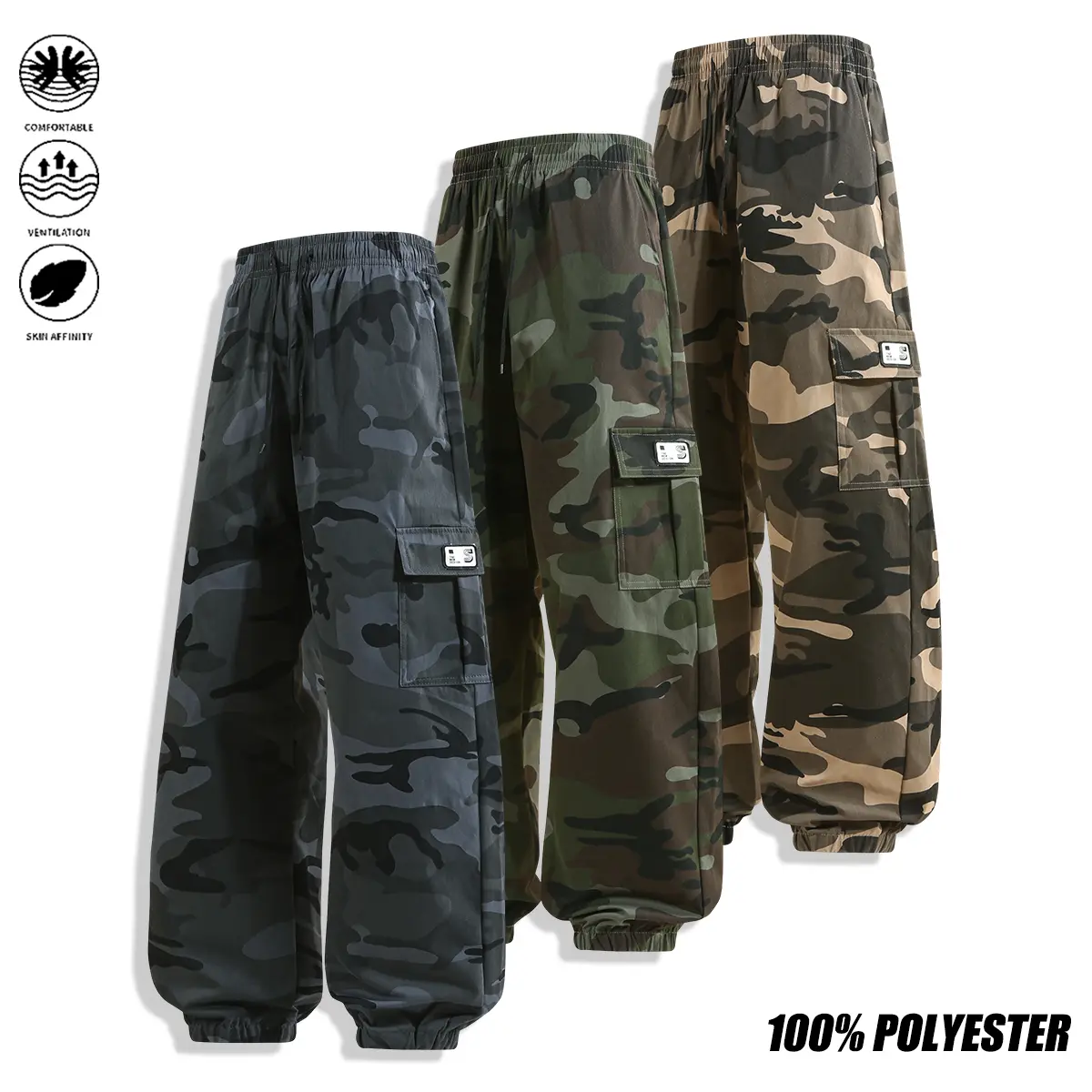 Men’s camouflage cargo pants with a camouflage design, multiple pockets, and an elastic waistband with drawstring; suitable for everyday wear, casual exercise, outdoor activities, and hiking. Men’s bottoms, menswear.