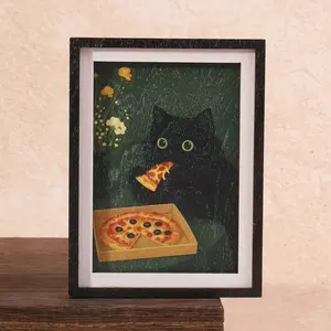 1PC Cute Kitty Cat Eating Pizza Magnetic Picture Frame Fridge Magnet, Mini Art Frame Magnets, Creative Refrigerator Decoration, Home Gift Decor