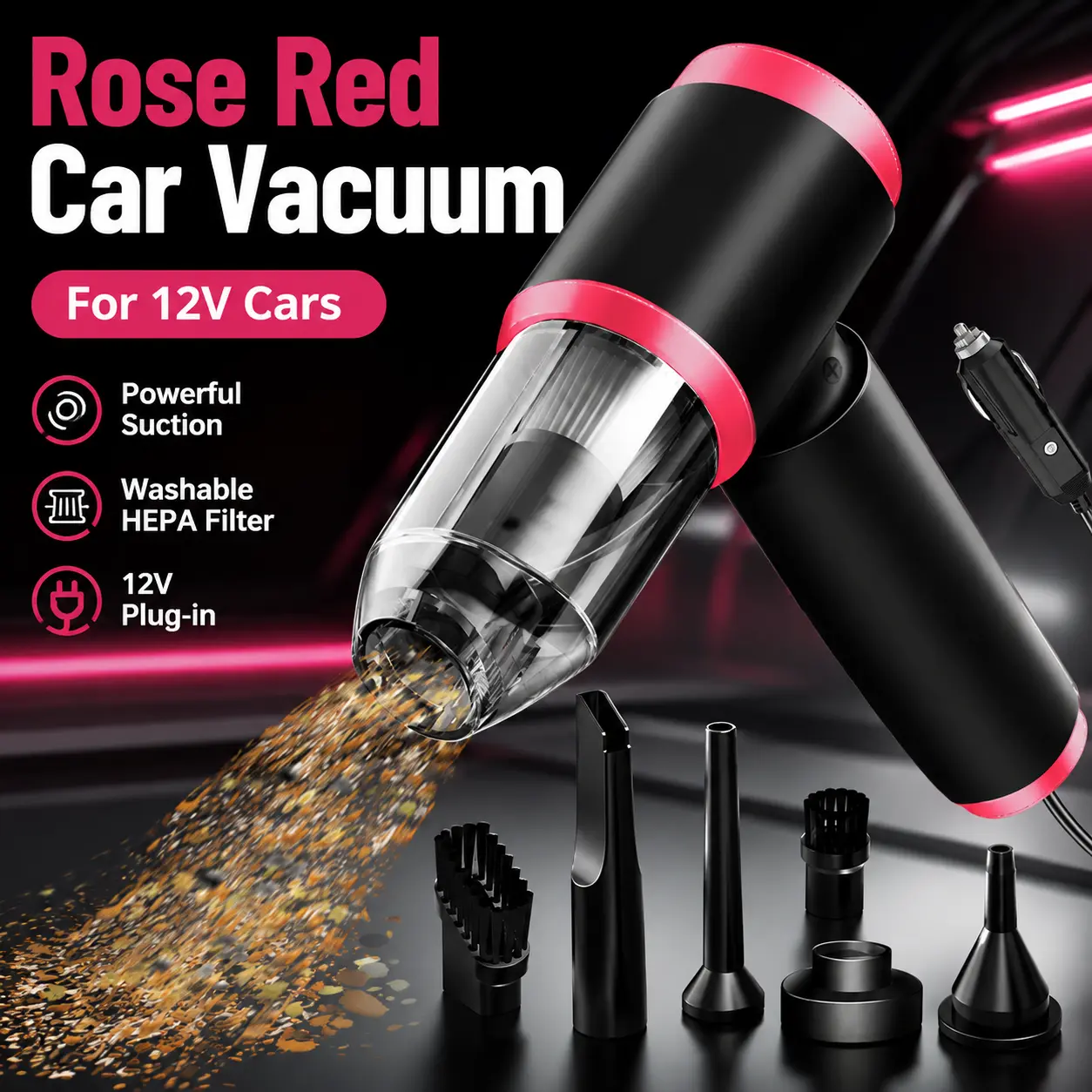 Black & Rose Pink Corded Car Vacuum Cleaner, Portable Handheld 12V Auto Vacuum for Car Seats, Floor Mats, Crumbs, Dust and Pet Hair