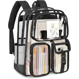 Clear Backpack, Heavy Duty PVC Transparent Bookbag with Reinforced Strap, Large Capacity See Through Clear Bag for Stadium Events College Concerts  Work  Travel, Black