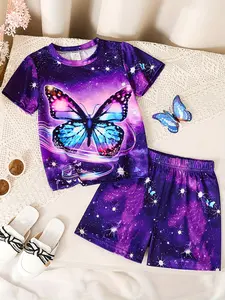 Girls Hand-Drawn Heart Rainbow Leopard Print Short Sleeve T-Shirt Shorts Set, Summer Casual Sports, Slim-Fitting, No Zipper