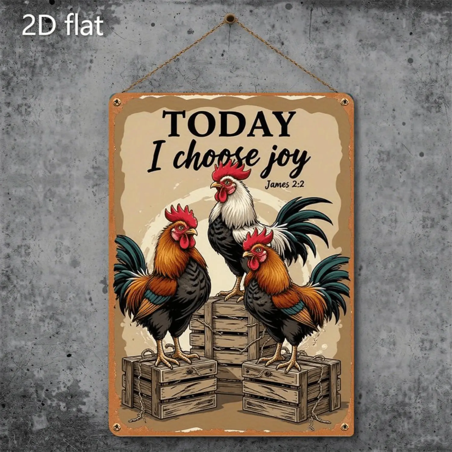 1pc 2D Flat Vintage "Today I Choose Joy" Metal Wall Art Signs - Colorful Roosters on Rustic Wood Fence, 8x12 in Farmhouse Home Decor Hanging Plaque