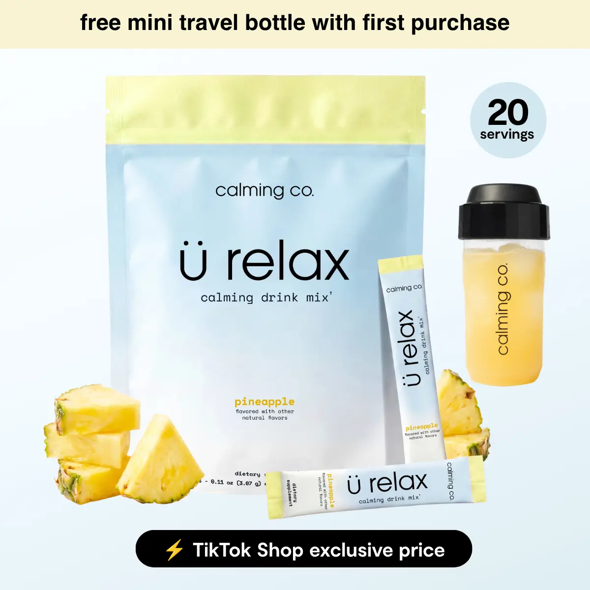 Ü Relax 2.0 | Pineapple | Calming Drink Mix | Bluenesse Lemon Balm, KSM-66 Ashwagandha, Chelated Magnesium Glycinate, L-Theanine & Vitamin D3 | Dual-Action Cortisol Support for Stress-Relief | Calming Co.