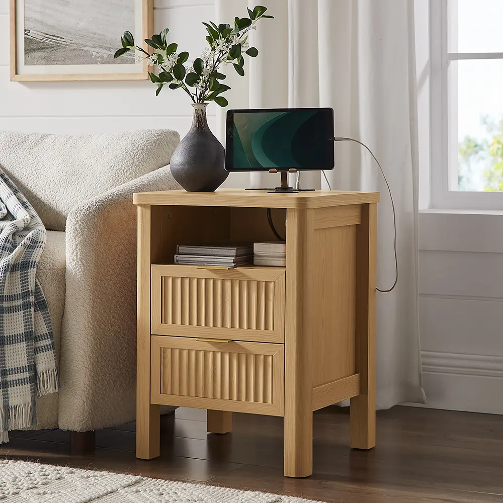 【SummerFinds】ONBRILL 2-Piece Bedside Cabinet Set - 23.62" Modern Wood Nightstands with Fluted Panels, Drawers, 2 USB Ports, Glides, Curved Profile, 17.72"W×15.75"D×23.62"H End Tables for Bedroom Decor, Small Spaces,dorm essentials,home decor