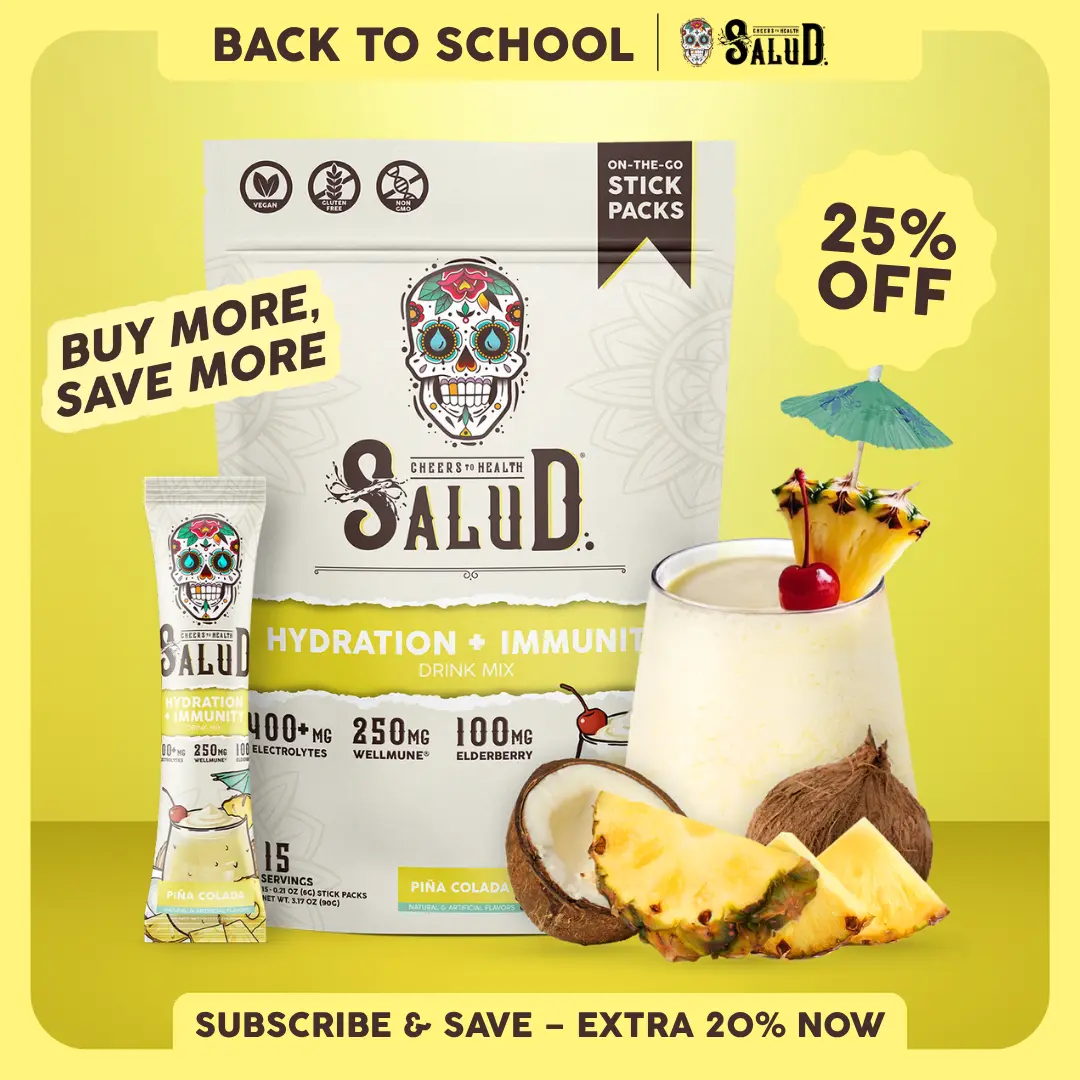 Salud 2-in-1 [Hydration + Immunity - Piña Colada] Electrolytes Powder, Agua Fresca Drink Mix, Elderberry, Dairy & Soy Free, Non-GMO, Gluten Free, Vegan, Low Calorie, 1g Sugar (15 Servings)