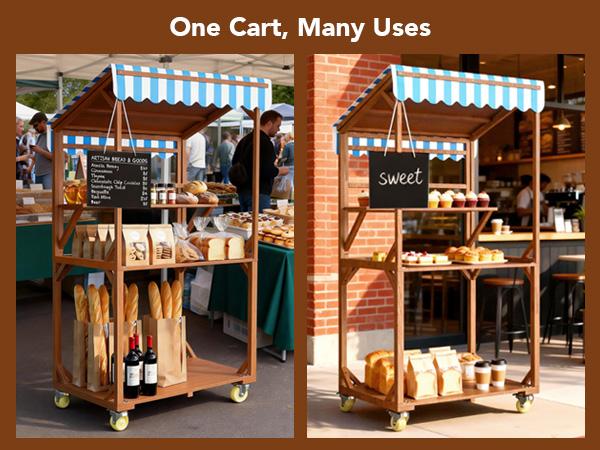 Wooden Farm Stand Cart, Solid Wood Farmers Market Stand with Wood Roof, Heavy Duty Display Table with Lockable Wheels, for Events & Small Business, Light Brown