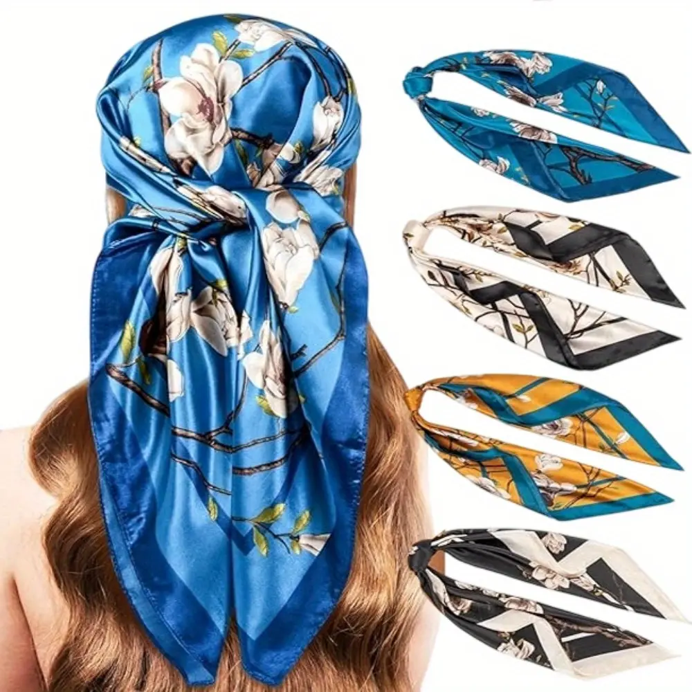 Women's 4PCS Paisley Scarves - Silky Polyester, 90cm Double-Sided Oversize Square Fabric Feminine Pattern Multi-Themed Scarves, Breathable Soft Retro All-Seasons Elegant Fashion Accessories for Daily Boho Outfits, Kerchief Headbands, Fabric Head Scarves