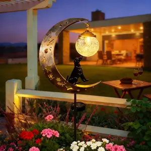1Pcs Solar-powered ground light, lawn decorative light, Garden glow light, featuring a hollowed-out wrought iron puppy and moon design, including a shattered glass sphere, suitable for outdoor gardens, and holiday gifts.