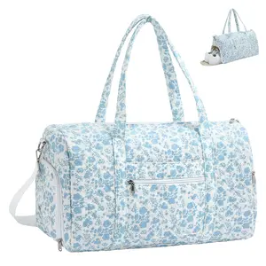 Floral Quilted Duffle Bag with Vented Shoe Compartment  Aesthetic Weekender Bag for Women | Large Capacity Travel Carry-on | Water-Resistant Hospital & Gym Bag | Fits Personal Item Size Trainer Bag Sporty Pocket Design Tail Bag