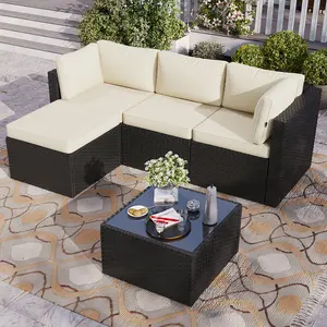 Aoxun 5-Piece All-Weather Wicker Outdoor Furniture Set, Modular Sectional Sofa with Ottoman & Glass Coffee Table, Beige Cushioned Conversation Set for Backyard, Deck,summervibes