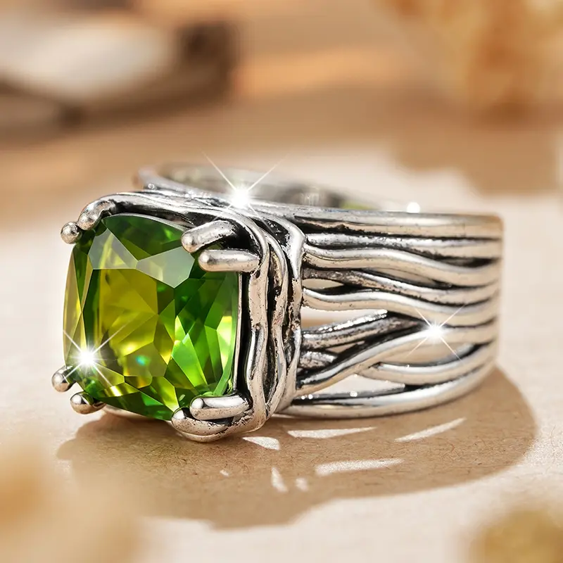 Women's Vintage Green Stone Jewelry Ring - Silver Wide Band with Copper Base, Geometric Wavy Lines, Unique Everyday Boho Chic Statement Piece, Ideal Gift for Parties, Rings for Women, Unique Ring