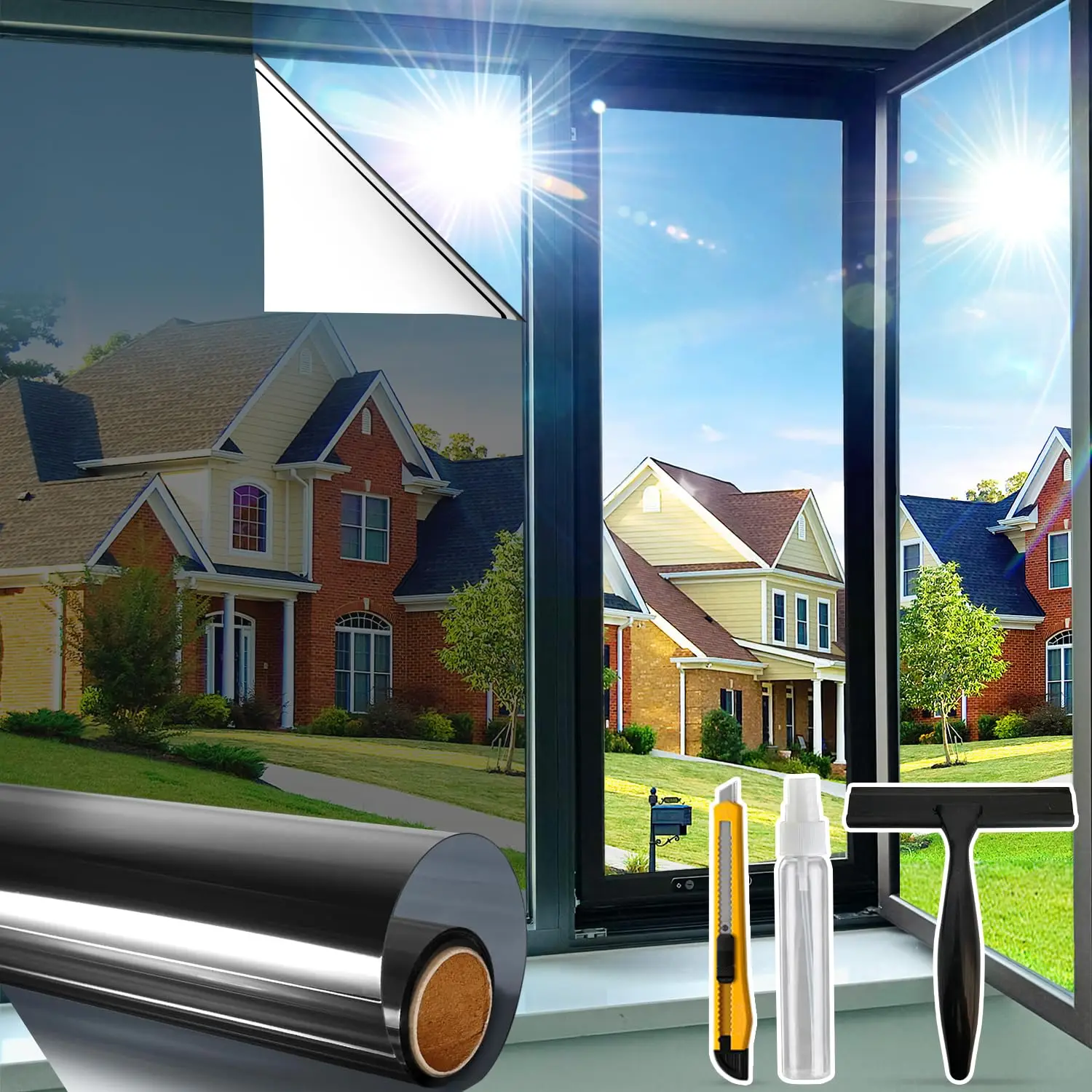 One Way Window Privacy Film,Reflective Mirror Glass Windows Coverings Sun Heat UV Blocking, Blac, 17.5" X 78.7"