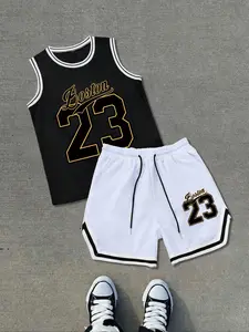Two-Piece Set Men's Letter Print Basketball Vest & Shorts, Casual Breathable Sleeveless Basketball Jersey & Shorts, Men's Two-Piece Outfits for Summer, Gym Outfits, Workout Sportswear, Training Clothes, Sport Outdoor Clothing, Workout Sets