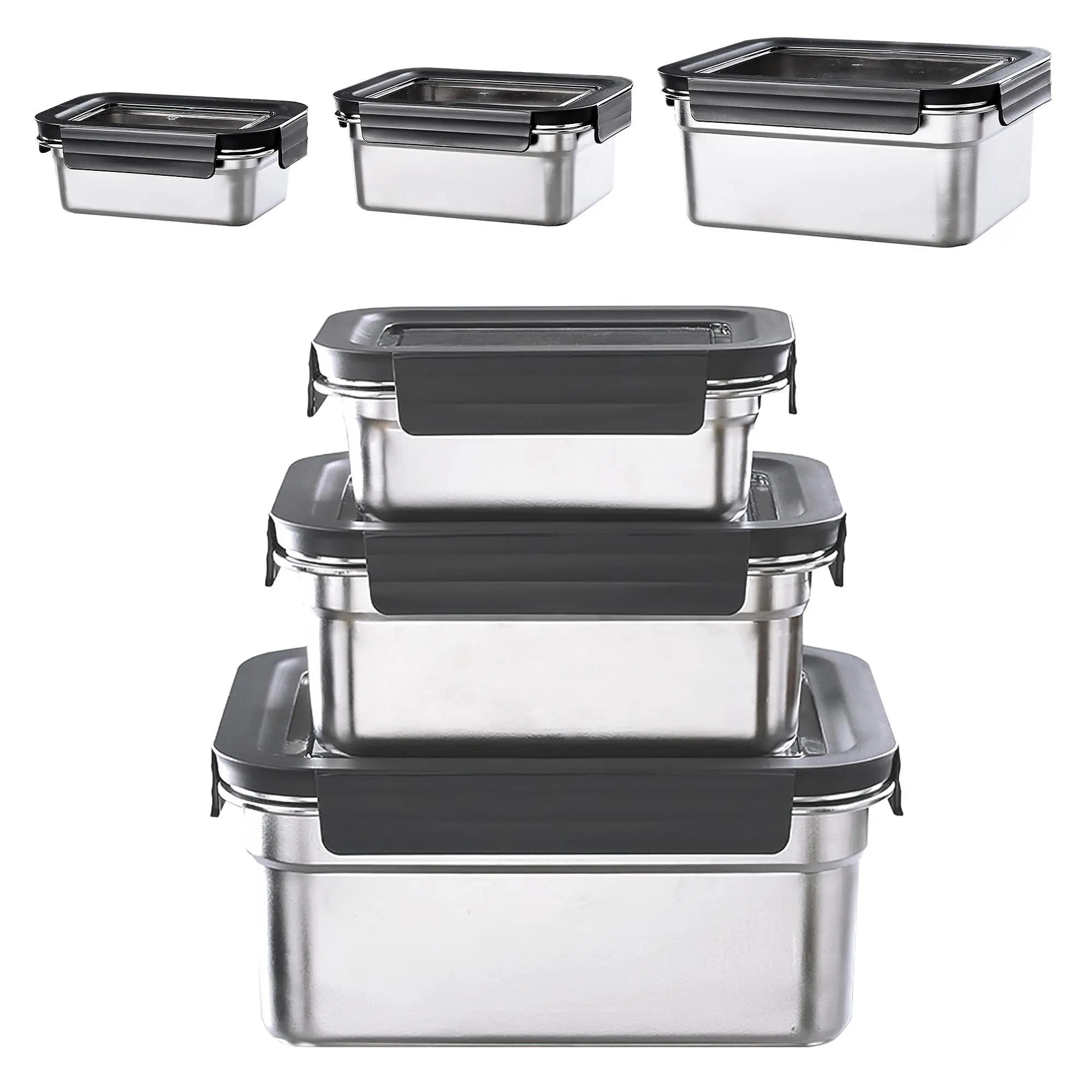 GAOMON 3Pcs 304 Stainless Steel Food Storage Containers with Lids, Nestable & Stackable, Leak-Proof Silicone Seal, 2500ML+1100ML+450ML, Dishwasher Safe, Straight Edge Black, Reusable Lunch Boxes for Meal Pre